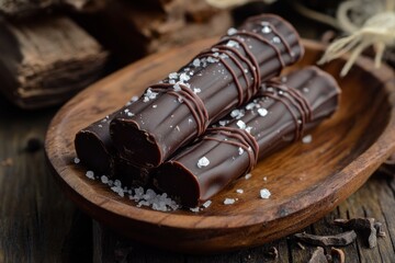Aufkleber - Chocolate bars covered in dark chocolate and sea salt presented on a wooden plate