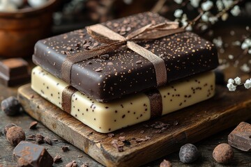 Poster - Decadent chocolate bars crafted from dark and white chocolate with garnishes on a rustic wooden surface