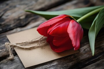 Poster - Red tulip resting on a brown tag on a rustic wooden surface in soft natural light
