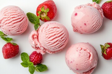 Aufkleber - Sweet strawberry ice cream scoops with fresh fruit and mint leaves on a white background