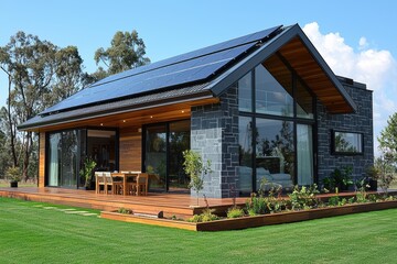 Poster - Modern house with solar panels surrounded by greenery in a sunny outdoor setting