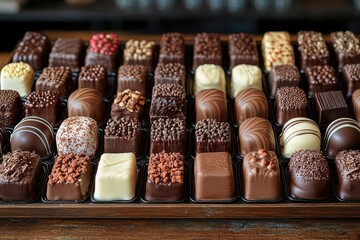 Aufkleber - Wide array of artisanal chocolates displayed on a wooden counter in a cozy shop