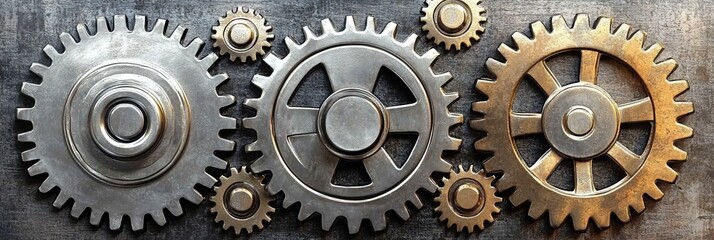 Poster - Industrial Gears Interlocking Metallic Cogwheels on a Textured Background for Engineering Projects