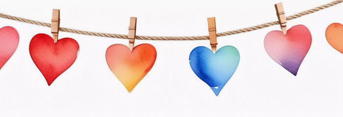 Wall Mural - Background with hearts attached with clothespins to a rope. Valentine's Day backdrop. Web banner