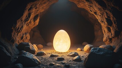 Aufkleber - Mysterious Large Egg Surrounded by Dim Light in Dark Cave Setting with Rocks and Shadows Enhancing the Enigmatic Atmosphere