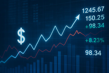 Poster - Financial Ascent: A dynamic visualization of market growth and financial success, the image portrays a rising line graph alongside a prominent dollar sign.
