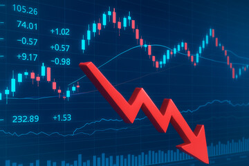 Poster - Stock Market Downturn: A visualization of a stock market downturn with a downward arrow overlayed on stock market charts. This graphic portrays financial losses.
