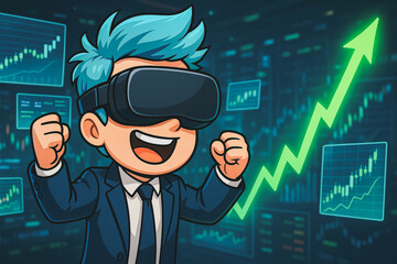 Poster - VR Investor's Triumph: A cartoon investor donning a VR headset celebrates financial success against a backdrop of dynamic stock market charts. Embracing future and technology.