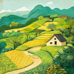 Wall Mural - A painting of a rural landscape with a house and a road