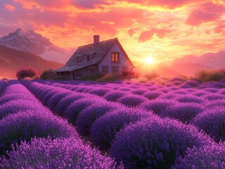 lavender field dreamscape: sunset glow over provence-inspired rural landscape with charming cottage 