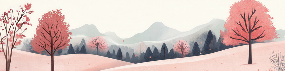 Wall Mural - A painting of a forest with trees and mountains in the background