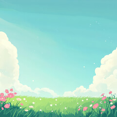 Wall Mural - A field of flowers with a blue sky in the background