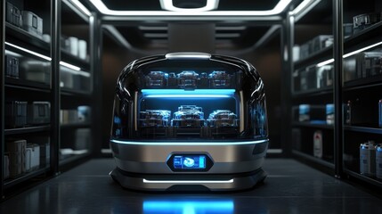 Poster - A futuristic robotic warehouse system organizing inventory with precision.