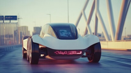 Poster - A self-driving truck hauling freight on a futuristic highway with AI monitoring.