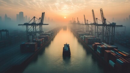 Poster - A shipping yard with cranes loading and unloading cargo containers.