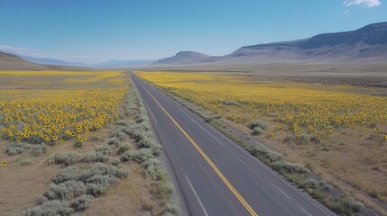 Poster - A smooth asphalt road cutting through a vast sunflower field under a blue sky.