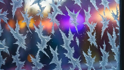 Poster - frost designs on the window, hoarfrost backdrop. icy pattern on the winter window pane. blank space,