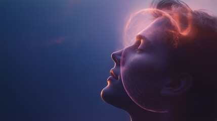 Poster - Abstract portrait of a woman with ethereal light effects captured in a serene setting during twilight hours