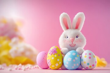 Aufkleber - rabbit is sitting on a pile of easter eggs. the eggs are in various colors, including yellow, blue, 