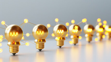 Poster - Golden lightbulbs connected by glowing lines symbolize idea sharing and innovation. soft tone lighting creates futuristic and collaborative atmosphere