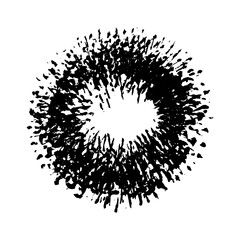 Poster - Paint brush stroke. Grunge ink. Black rough splash isolated on white background. Splatter stain. Round spot texture. Circle drawing. Hand drawn burst. Splat spray. Radial distress. Vector illustration