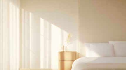 Aufkleber - Minimalist bedroom with soft natural light, featuring wooden nightstand, white bedding, and decorative vase with dried grass
