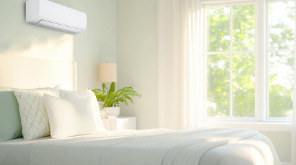 Poster - cozy bedroom with modern air conditioner on wall, soft white bedding, potted plant, and sunlight streaming through large window