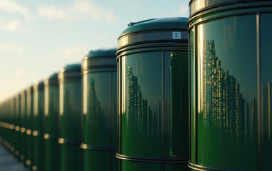 Poster - A line of green cylindrical containers reflects a skyline, creating a striking visual contrast between nature and urban architecture.