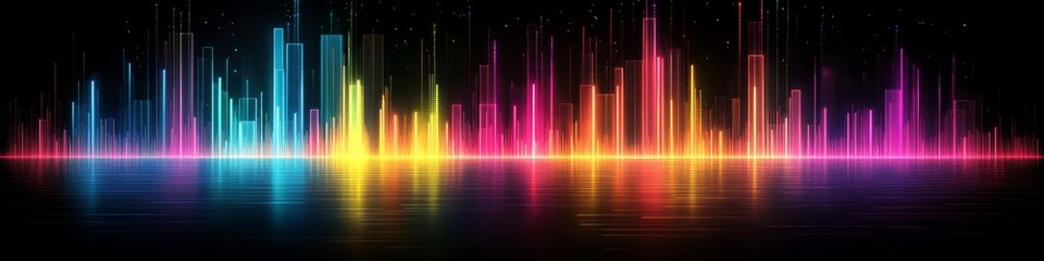 Poster - Abstract Vector Skyline Data Visualization with Vibrant Glowing Bars and Lines on a Dark Backdrop