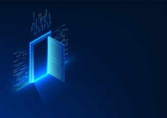 Fototapete - Door to the world of technology The door that opens forward and is surrounded by lines of information Innovation AI, Blockchain, Quantum Computing Doing business Increase efficiency Reduce costs