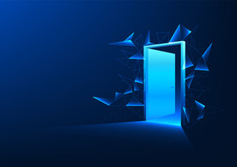 Fototapete - Door to the world of technology. The door opens forward and is surrounded by lines connecting data. Innovation AI, blockchain, quantum computing. Doing business, increasing efficiency, reducing costs
