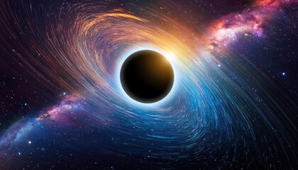 cosmic black hole surrounded by vibrant galaxy and colorful nebulae in deep space