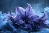 A trio of purple amaryllis flowers rests on a bed of ethereal blue smoke creating a dreamy artistic floral composition.