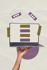 Aufkleber - Creative pop collage of human hand hold netbook with textbox showing chatting