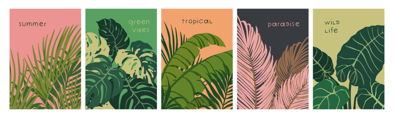 Leinwandbilder - Leaf plants, tropical floral cards set. Exotic jungle foliage, fresh rainforest greenery, posters. Green nature, leaves, modern summer backgrounds. Botanical covers. Flat vector illustrations