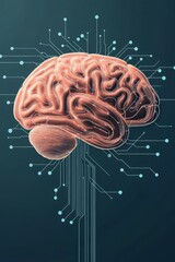 Poster - A human brain model merges with digital circuits, symbolizing the connection between human intelligence and technological advancement in modern society