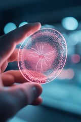 Poster - A hand holds a glowing holographic display, showcasing intricate patterns that merge artistry and technology in a modern workspace, symbolizing innovation