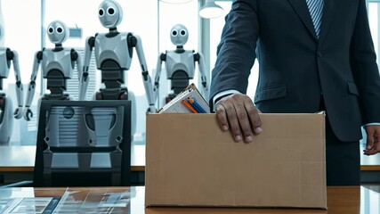 Poster - A person in a suit holds a cardboard box filled with office supplies while robots stand in the background, showcasing futuristic technology