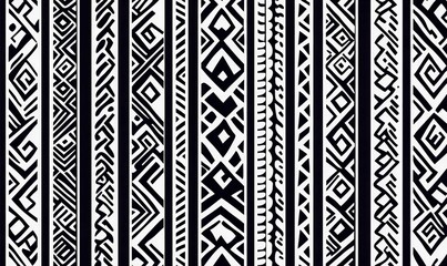 Poster - Black and white seamless pattern with tribal geometric ornaments in vertical stripes for various designs.