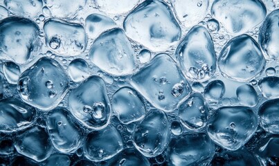 Poster - Detailed close-up shows a vibrant display of ice cubes with trapped air bubbles and cool tones.