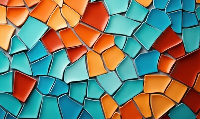 Poster - A vibrant mosaic of irregularly shaped orange, turquoise, and red-brown tiles creates a dynamic abstract pattern.