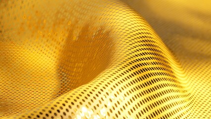 Poster - Golden perforated metal cloth undulating with soft shadows and luminous reflections, creating elegant abstract movement and mesmerizing visual texture