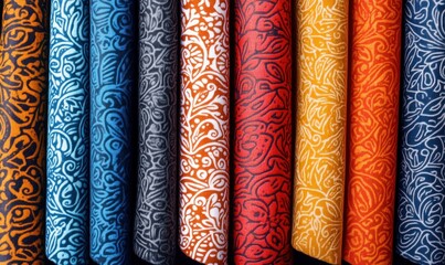 Poster - A vibrant array of fabrics showcases ornamental patterns in vivid colors, ideal for your next design project.