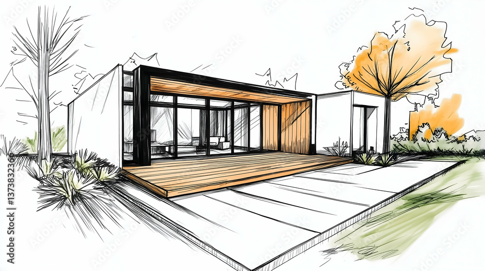 Architectural sketch of a modern house in a minimalist style with a ...