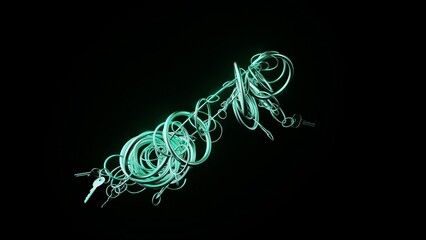 Poster - multiple silver keys with glowing green rings attached are dynamically transforming and rotating aga