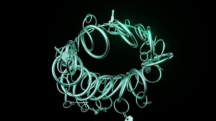 Poster - multiple silver keys and rings with glowing neon green edges rotate against a black background, crea