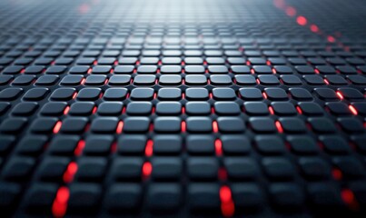 Poster - Detailed close-up of a geometric grid with red backlights offers a futuristic tech pattern.