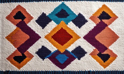 Poster - A vibrant woven rug showcasing a geometric diamond pattern with rich colors and intricate textures.