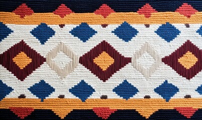 Poster - Close up shows a textured woven rug featuring vibrant geometric diamonds and ethnic pattern.