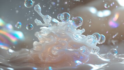 Poster - Droplets and swirls create mesmerizing patterns in clear liquid against a soft background at daytime